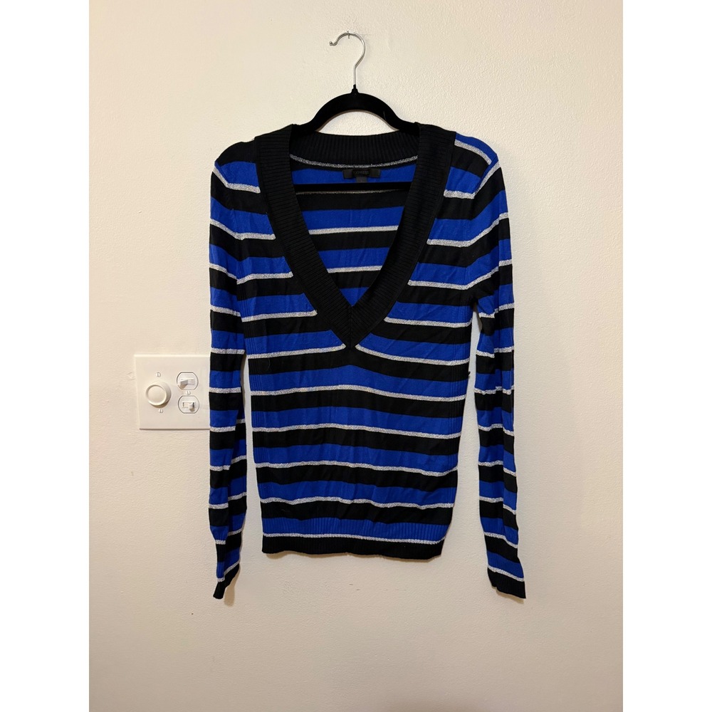 Express Deep V Neck Long Tunic Sweater Size L Cobalt Silver Vintage Y2K